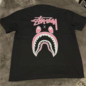 Stussy Black Tee with Pink Shark Graphic